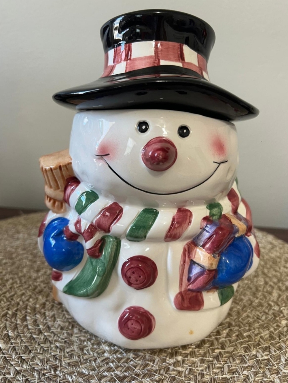 Festive White Snowman Ceramic Cookie Jar with Red and Green Accents